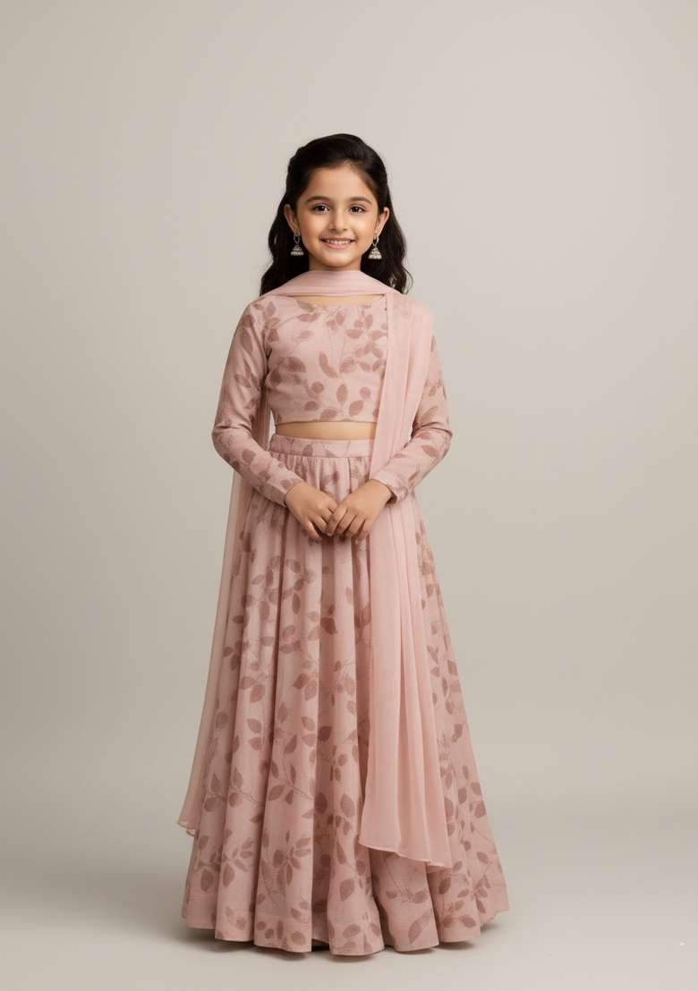 Girls Pink Leaf Print Georgette Lehenga Set - Indya