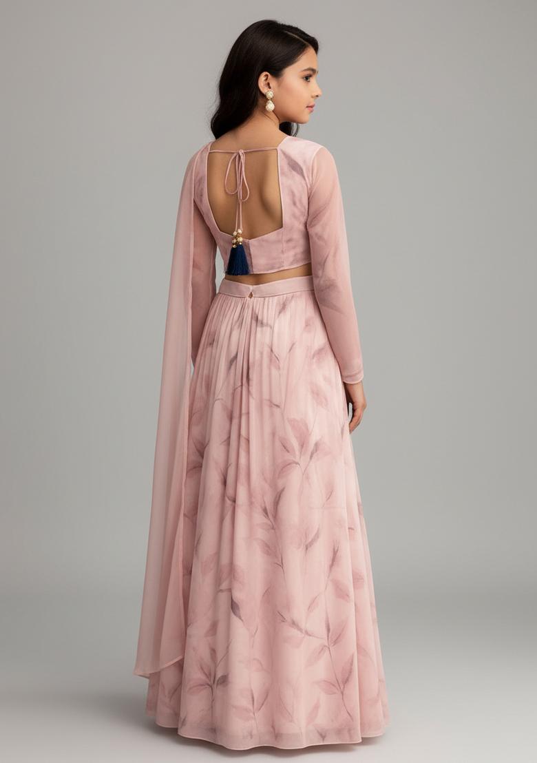 Girls Pink Leaf Print Georgette Lehenga Set - Indya