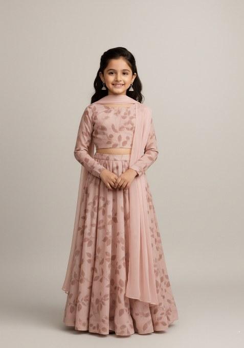 Girls Pink Leaf Print Georgette Lehenga Set