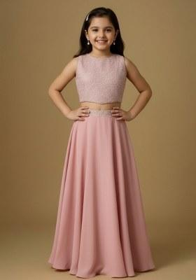 Girls Pink Embellished Georgette Lehenga Set