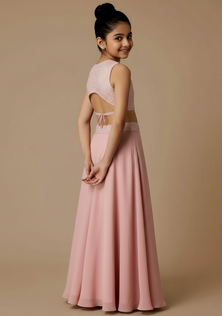 Girls Pink Embellished Georgette Lehenga Set - Indya