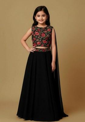 Girls Black Embroidered Georgette Lehenga Set