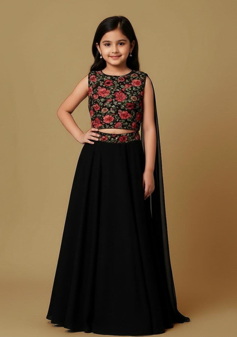 Girls Black Embroidered Georgette Lehenga Set