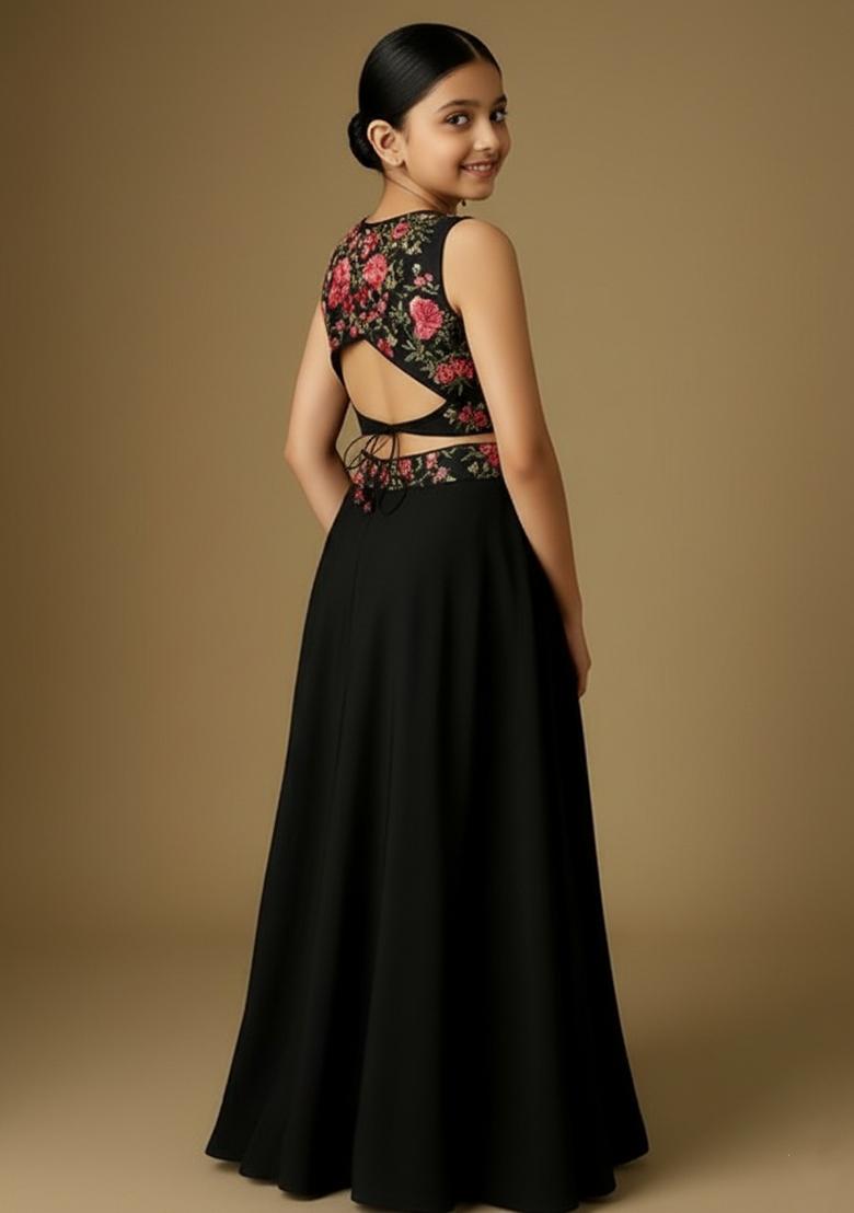 Girls Black Embroidered Georgette Lehenga Set - Indya
