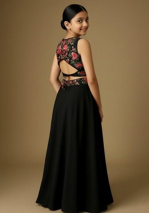 Girls Black Embroidered Georgette Lehenga Set