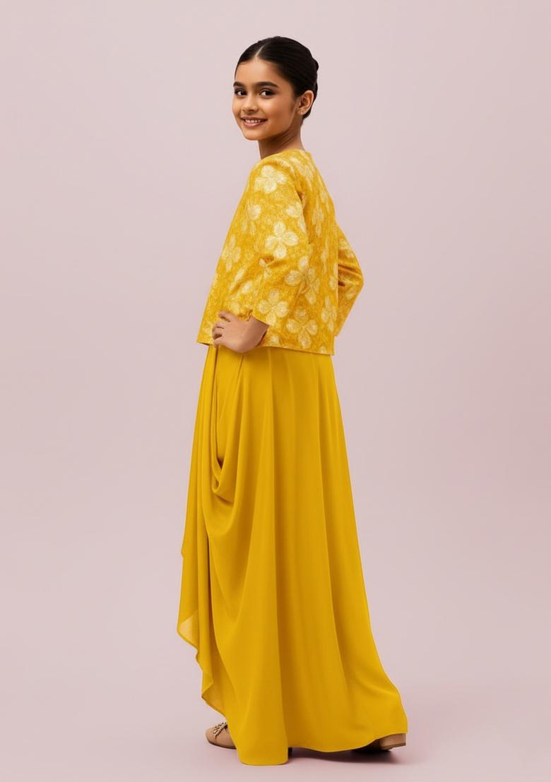 Girls Yellow Embroidered Georgette Lehenga Set