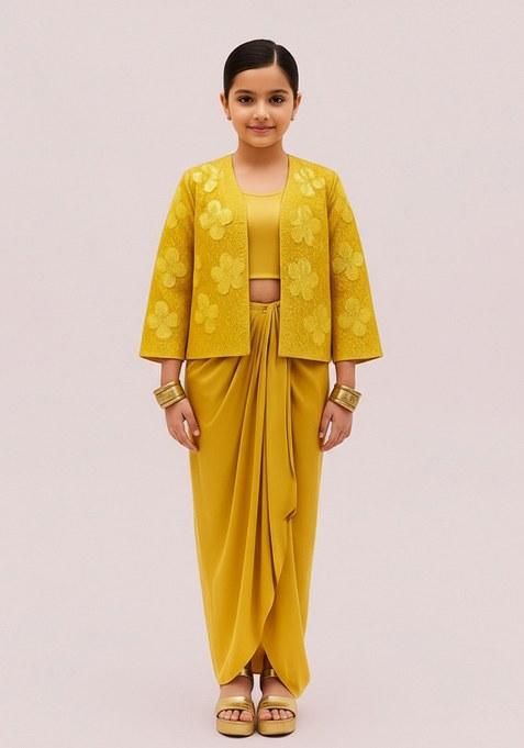 Girls Yellow Embroidered Georgette Lehenga Set