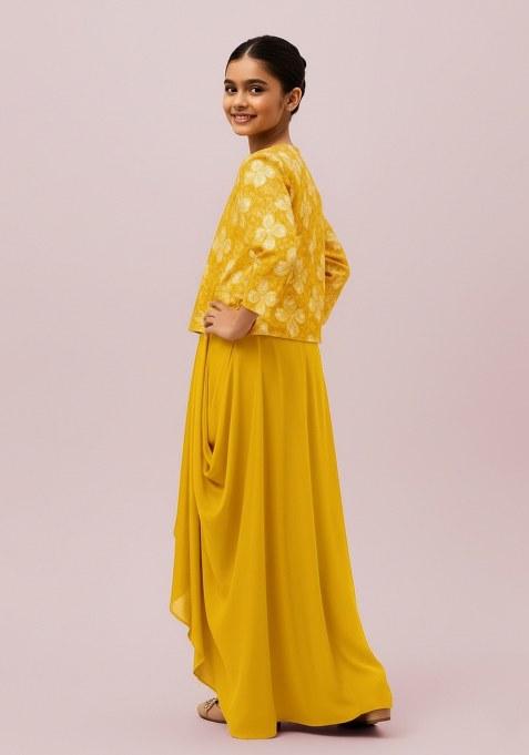 Girls Yellow Embroidered Georgette Lehenga Set