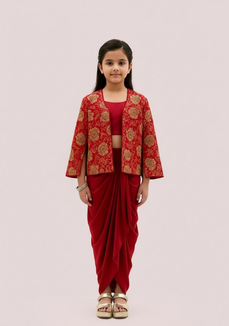 Girls Red Embroidered Georgette Lehenga Set