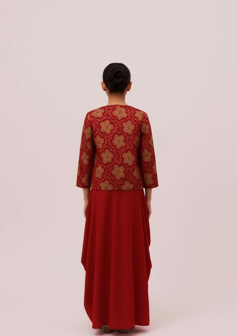 Girls Red Embroidered Georgette Lehenga Set - Indya