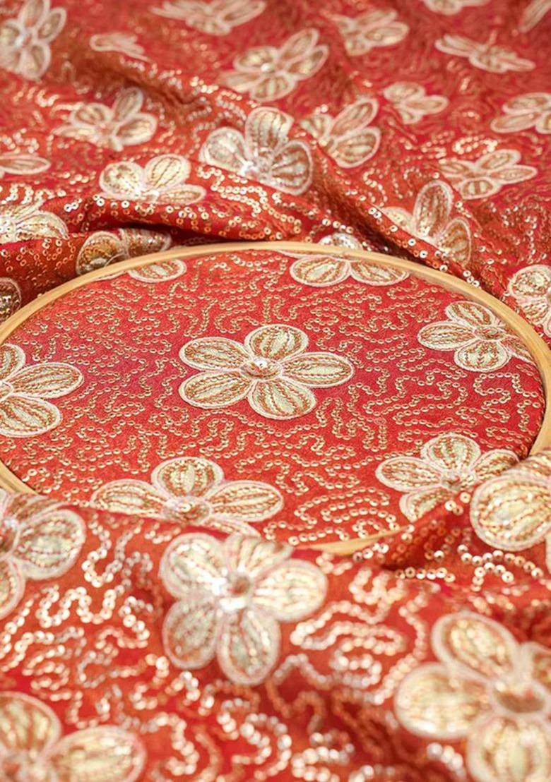 Girls Red Embroidered Georgette Lehenga Set