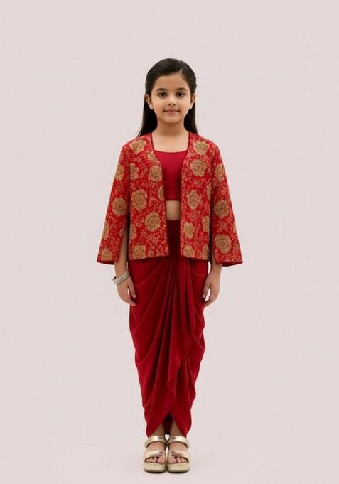 Girls Red Embroidered Georgette Lehenga Set