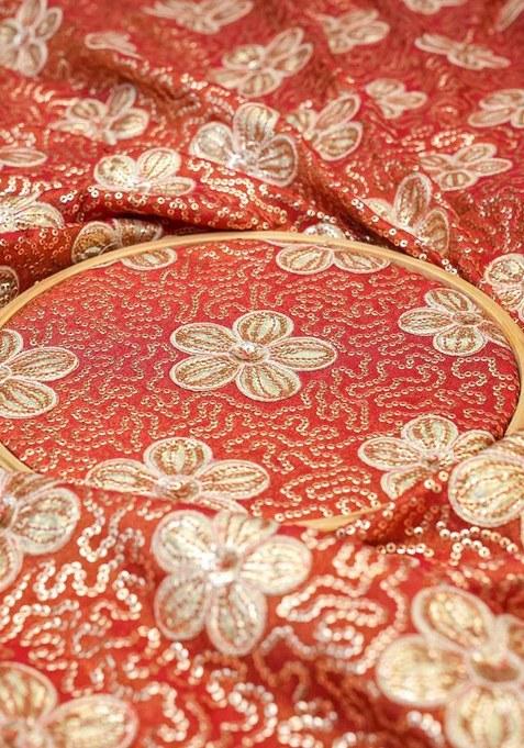 Girls Red Embroidered Georgette Lehenga Set