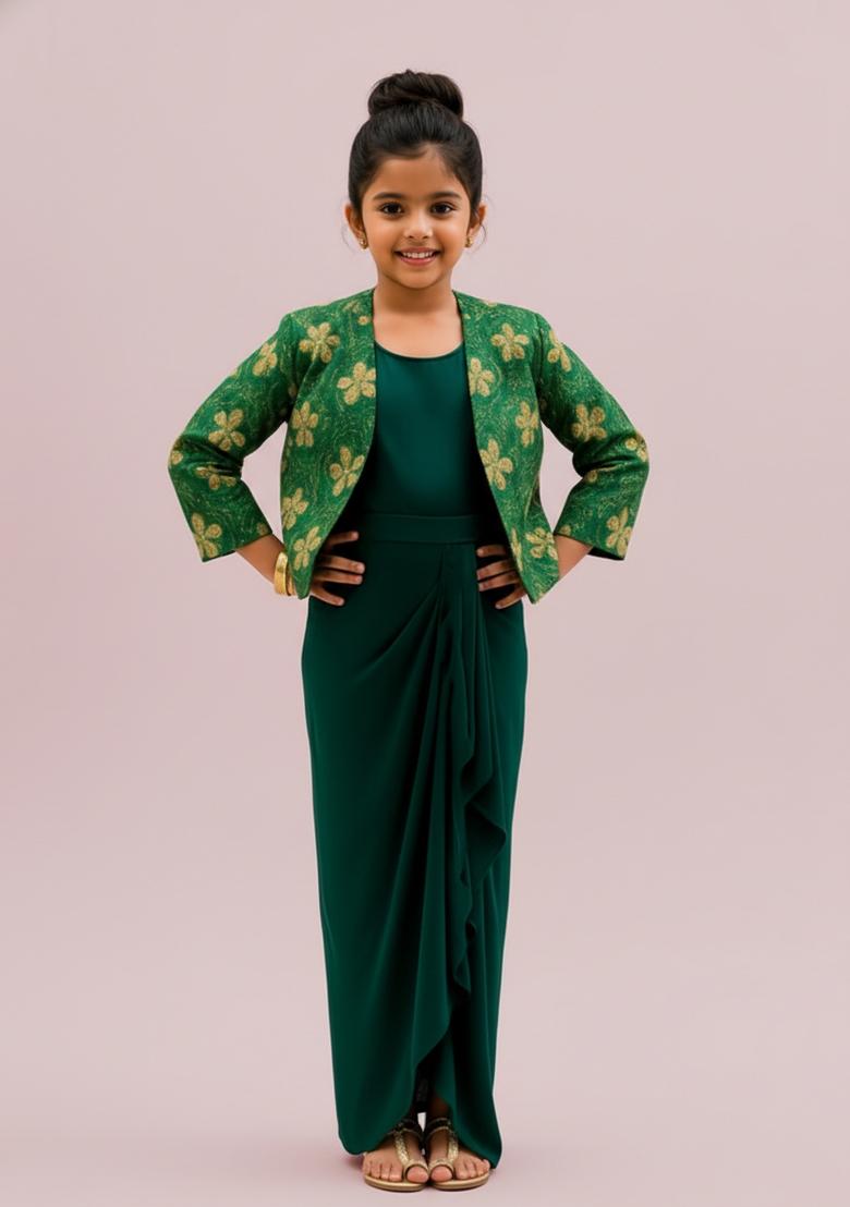 Girls Sea Green Embroidered Georgette Lehenga Set