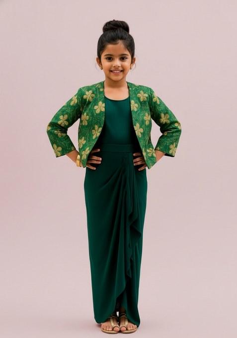 Girls Sea Green Embroidered Georgette Lehenga Set