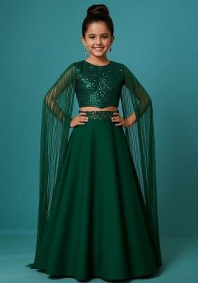 Girls Green Sequin Georgette Fusion Set