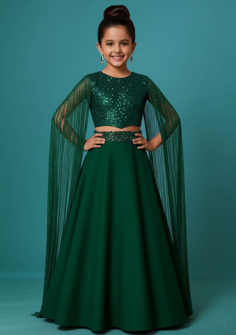 Girls Green Sequin Georgette Fusion Set - Indya
