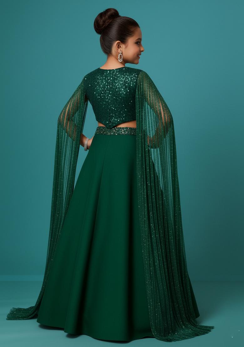 Girls Green Sequin Georgette Fusion Set - Indya