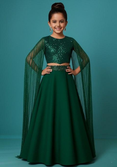 Girls Green Sequin Georgette Fusion Set