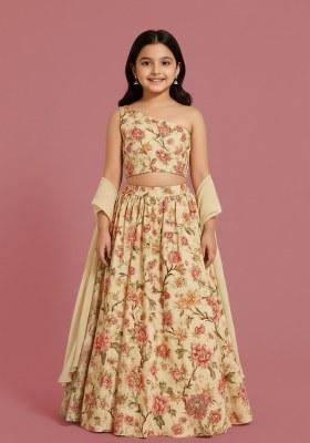 Girls Beige Floral Print Lehenga Set