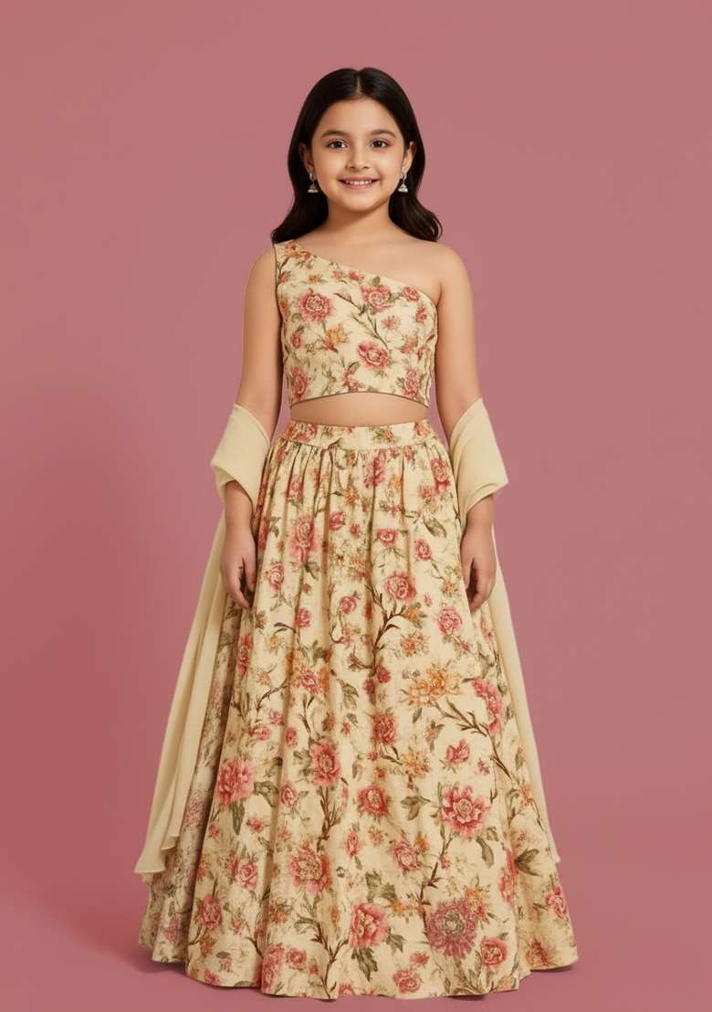 Girls Beige Floral Print Lehenga Set - Indya