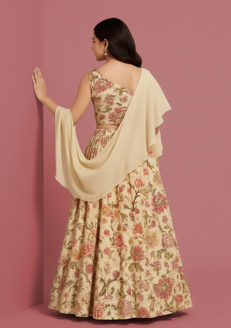 Girls Beige Floral Print Lehenga Set - Indya