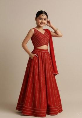 Girls Red Embroidered Silk Lehenga Set