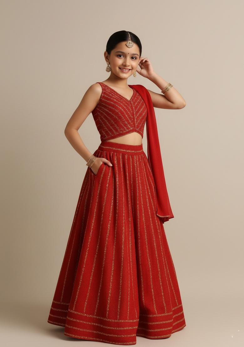 Girls Red Embroidered Silk Lehenga Set