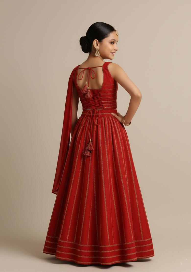 Girls Red Embroidered Silk Lehenga Set - Indya