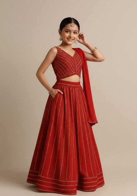 Girls Red Embroidered Silk Lehenga Set