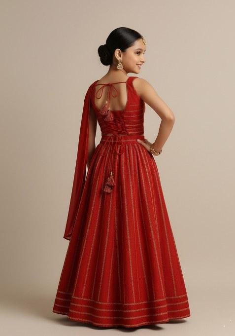 Girls Red Embroidered Silk Lehenga Set