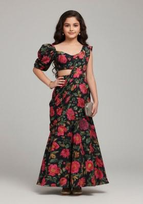 Girls Black Floral Print Satin Lehenga Set