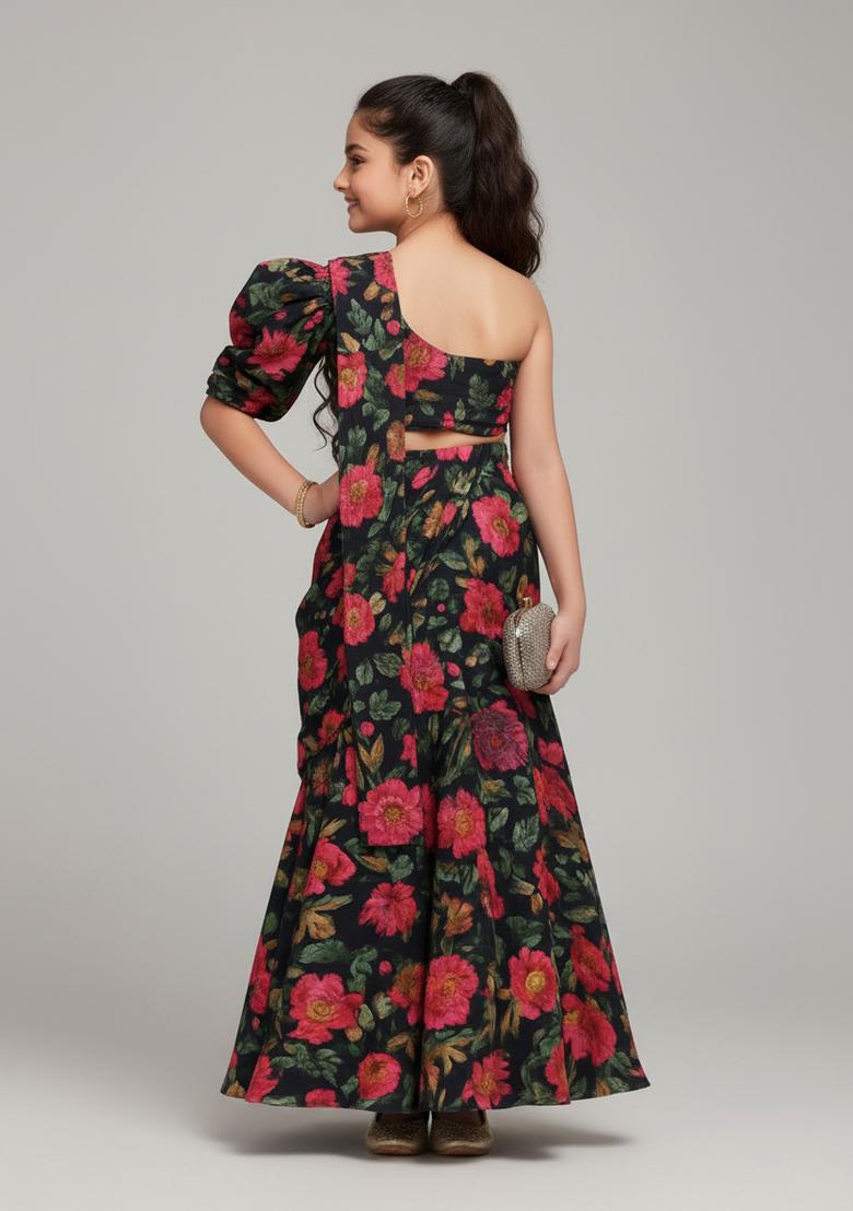 Girls Black Floral Print Satin Lehenga Set - Indya