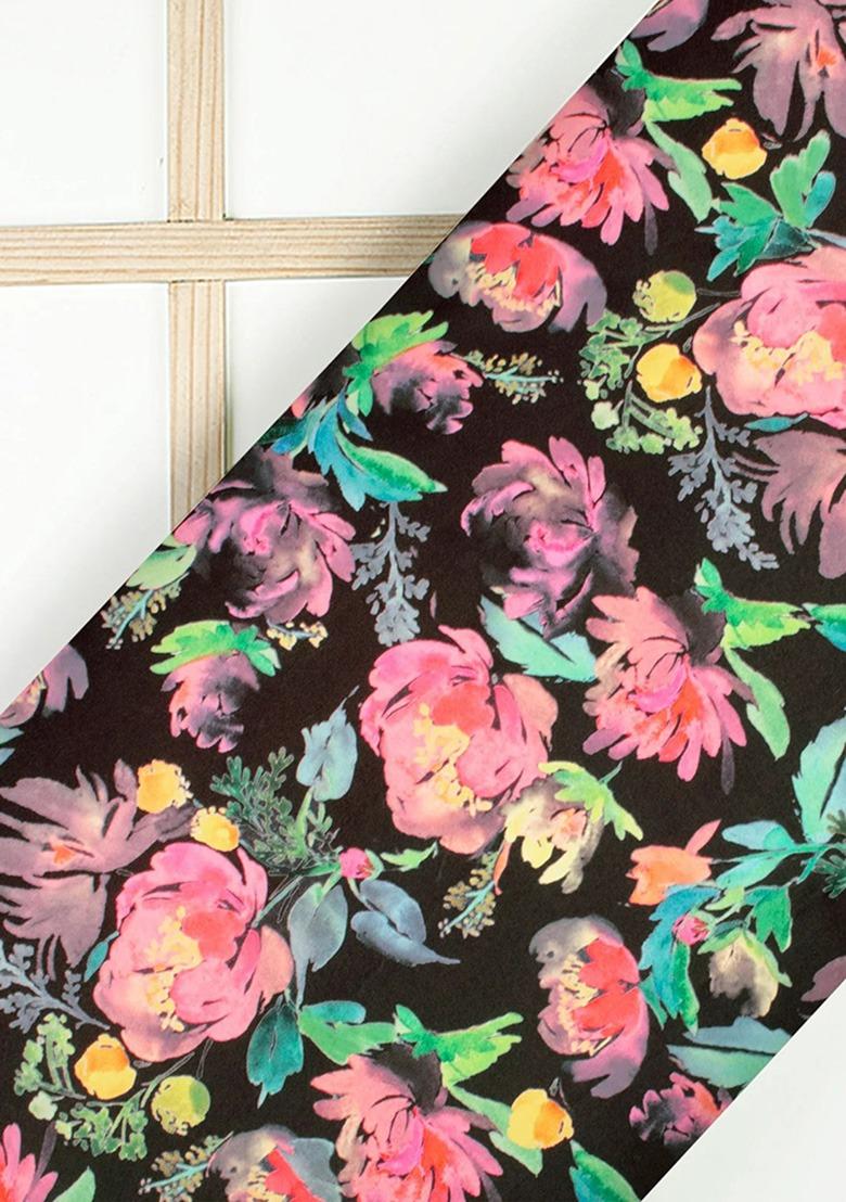 Girls Black Floral Print Satin Lehenga Set - Indya