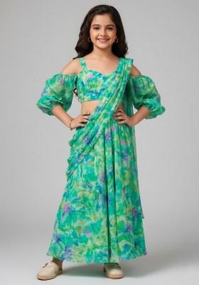 Girls Multicolor Floral Print Satin Lehenga Set