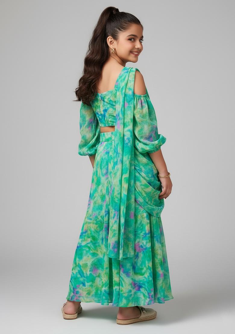 Girls Multicolor Floral Print Satin Lehenga Set