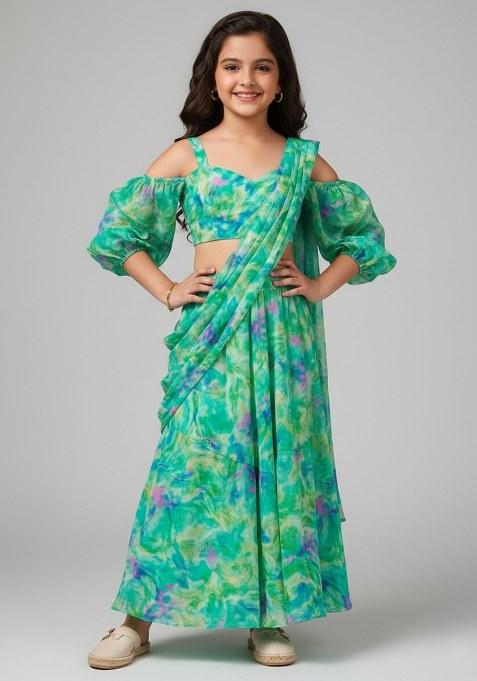 Girls Multicolor Floral Print Satin Lehenga Set