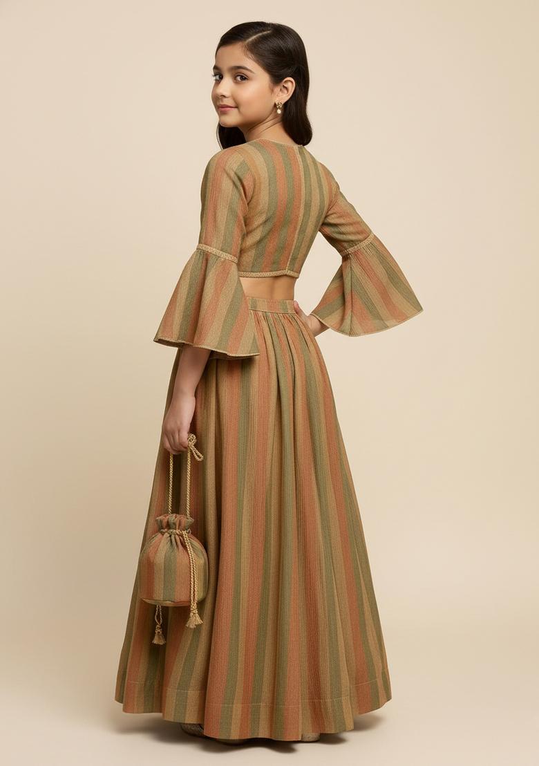 Girls Multicolor Textured Tissue Lehenga Set - Indya