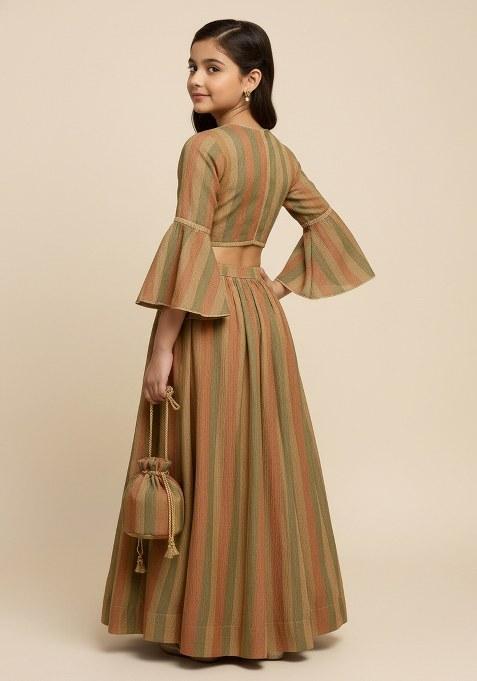 Girls Multicolor Textured Tissue Lehenga Set