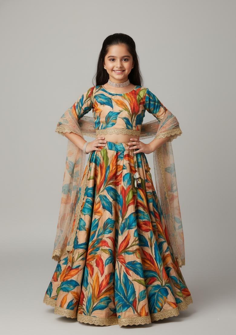 Girls Multicolor Floral Print Organza Lehenga Set