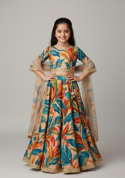 Girls Multicolor Floral Print Organza Lehenga Set