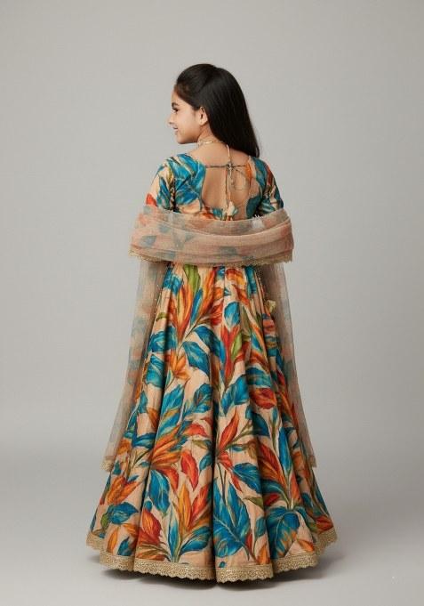 Girls Multicolor Floral Print Organza Lehenga Set