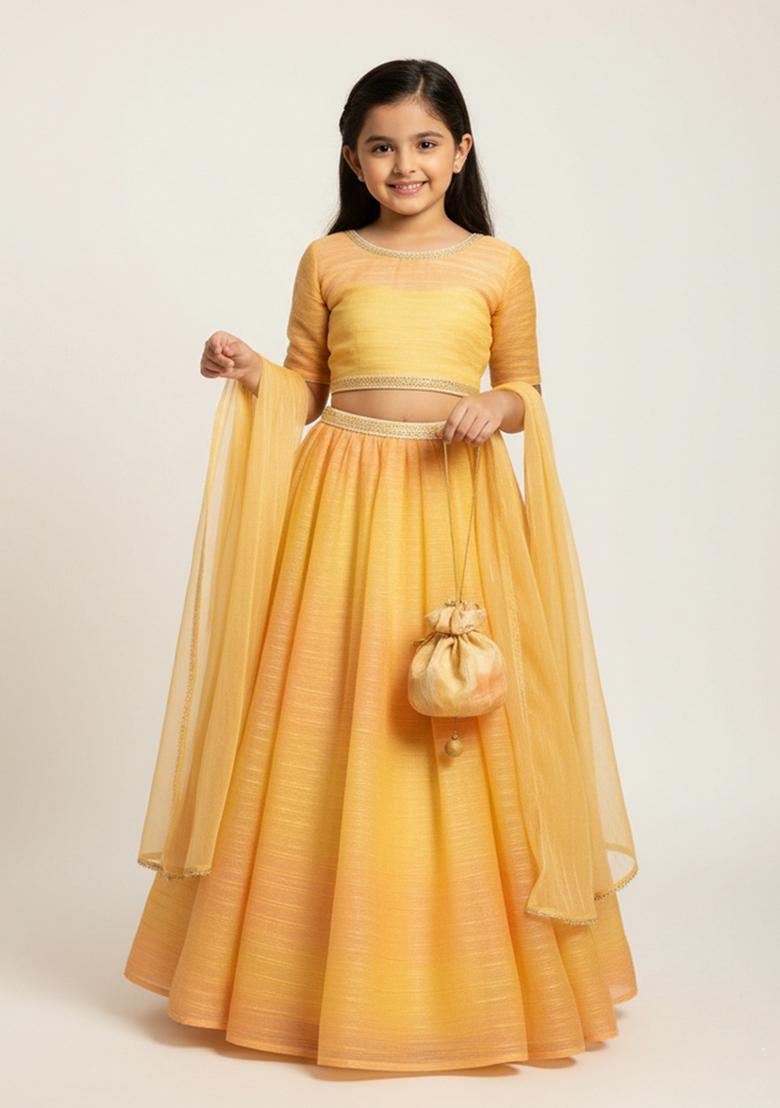 Girls Multicolor Textured Tissue Lehenga Set