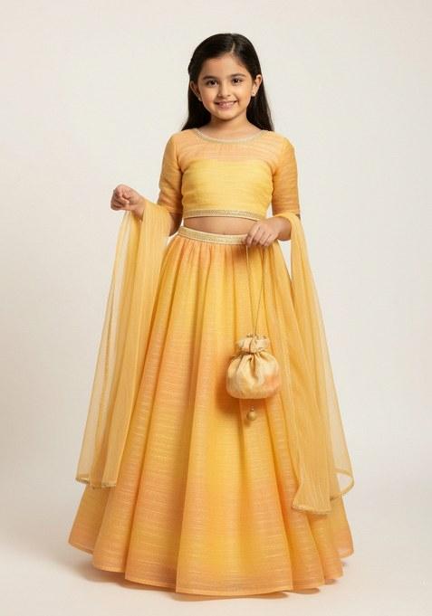 Girls Multicolor Textured Tissue Lehenga Set