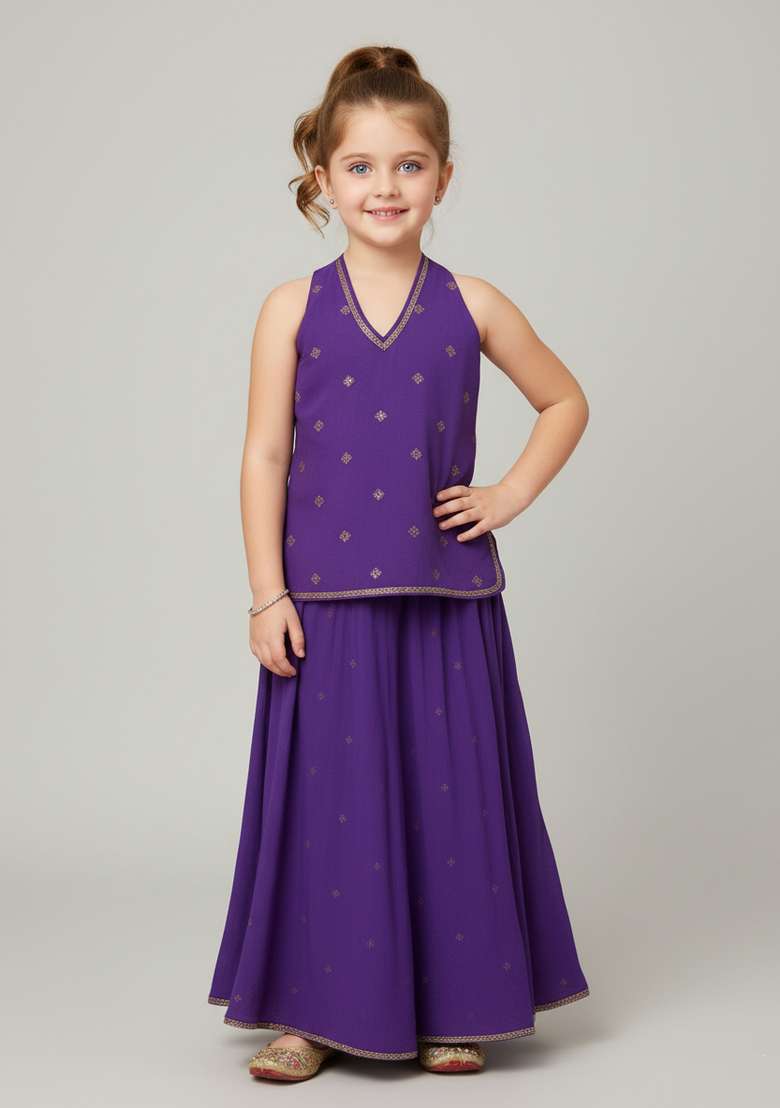 Girls Purple Embroidered Georgette Fusion Set - Indya
