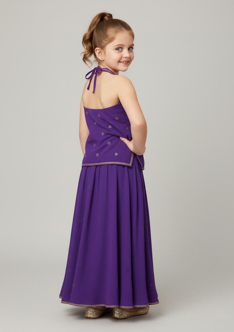 Girls Purple Embroidered Georgette Fusion Set - Indya