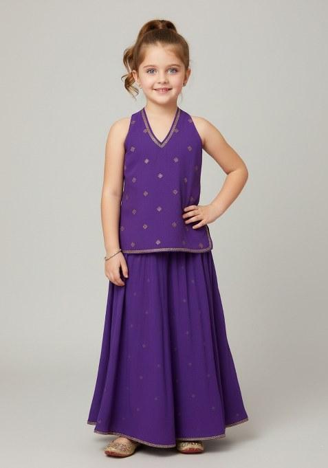 Girls Purple Embroidered Georgette Fusion Set