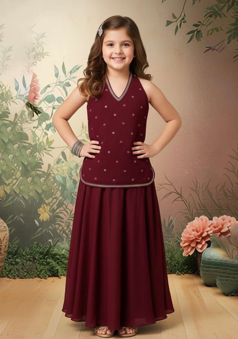Girls Red Embroidered Georgette Fusion Set - Indya