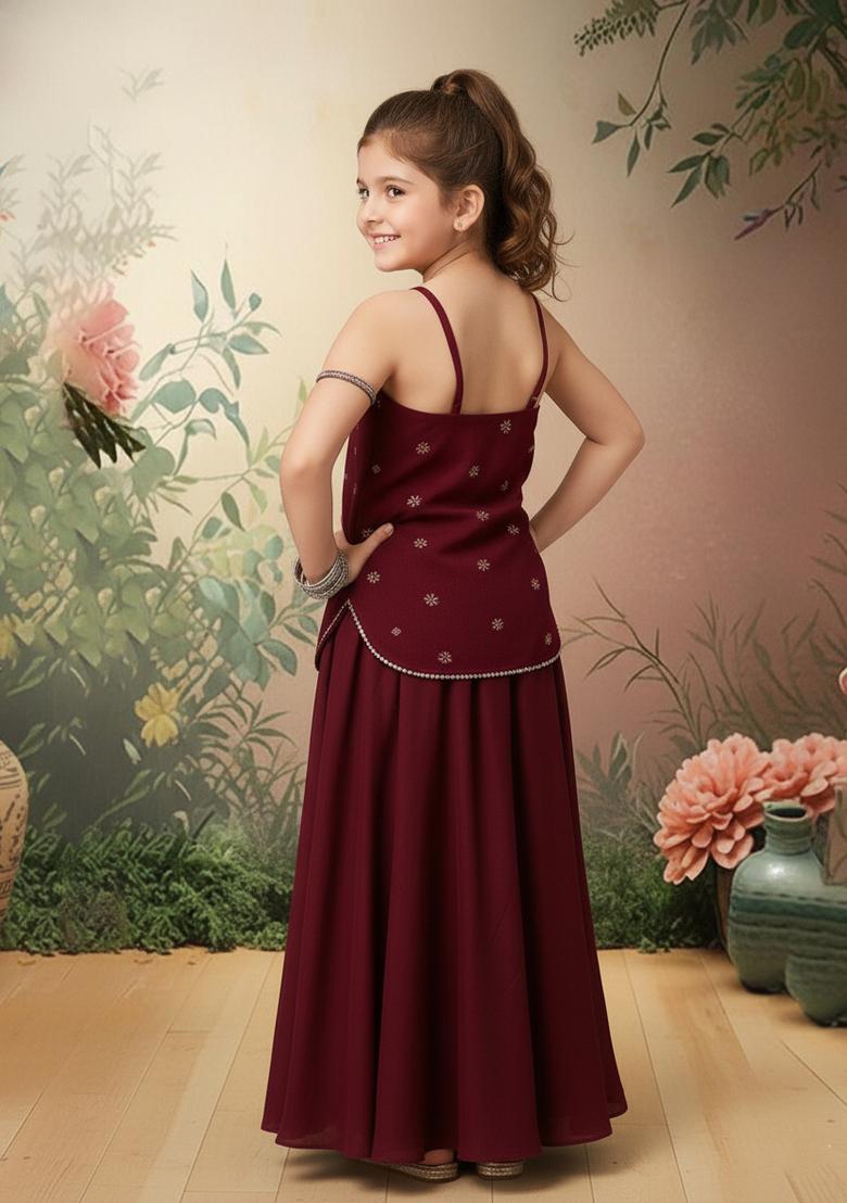 Girls Red Embroidered Georgette Fusion Set - Indya