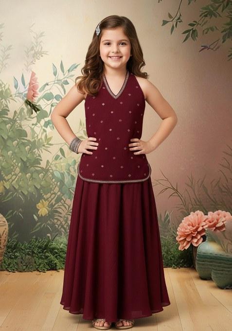 Girls Red Embroidered Georgette Fusion Set